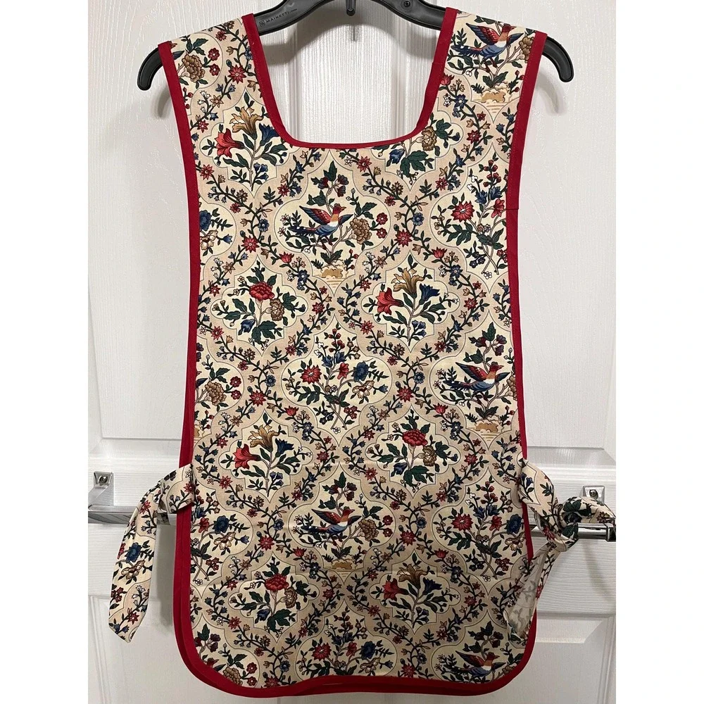 Red Blue Floral Bird Side Tie Apron, Handcrafted Kitchen Linen